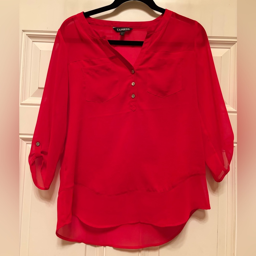 NWOT Express Women's Bold Red Button-Down Blouse with Lace Accent Bottom Trim